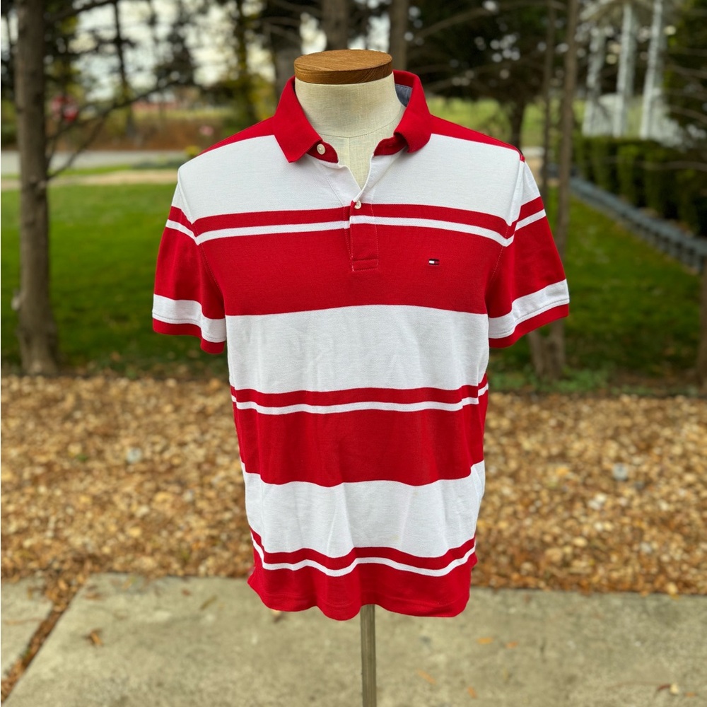 Tommy Hilfiger Red and white striped polo shirt. Size Large